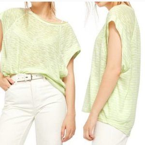 WE THE FREE Women's Lemon Lime Sheer Striped Short Sleeve Jewel Neck Top L